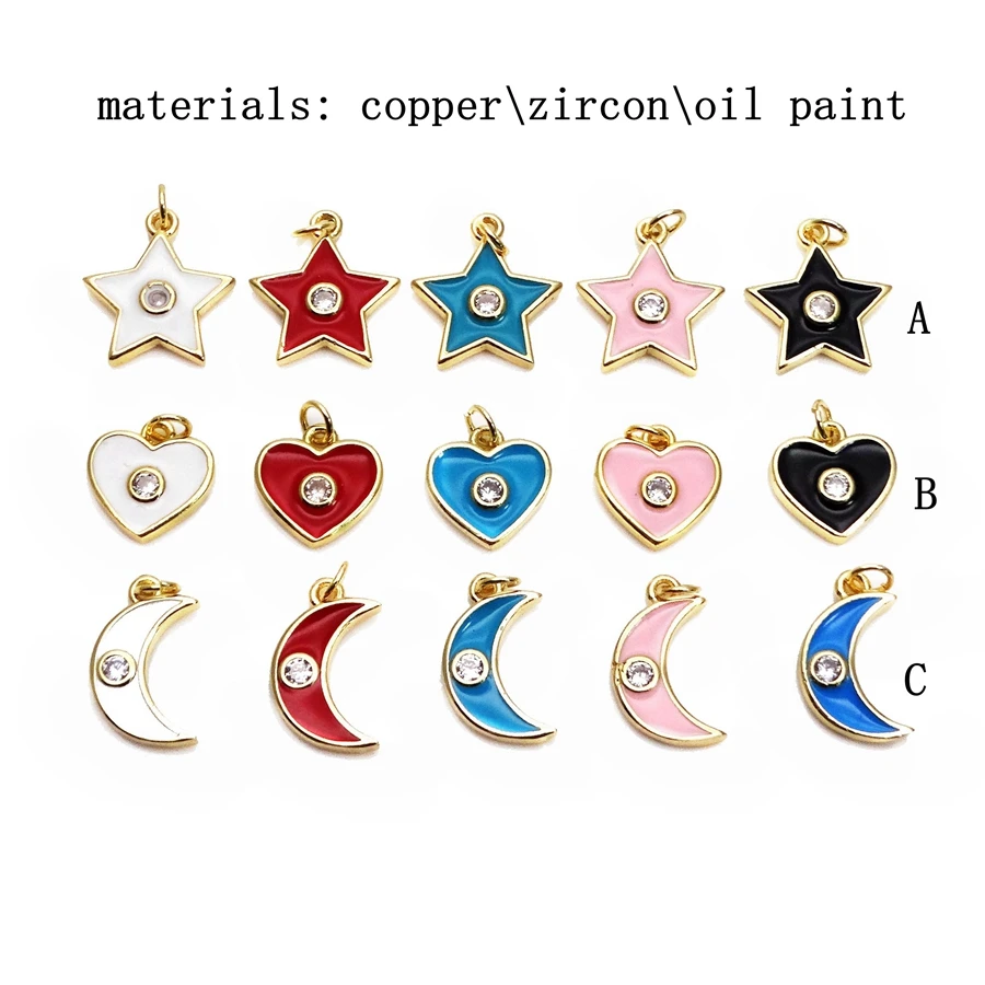 The moon stars small pendant Drip color paint heart charms copper gold plated pendant DIY necklace Hand catenary accessories