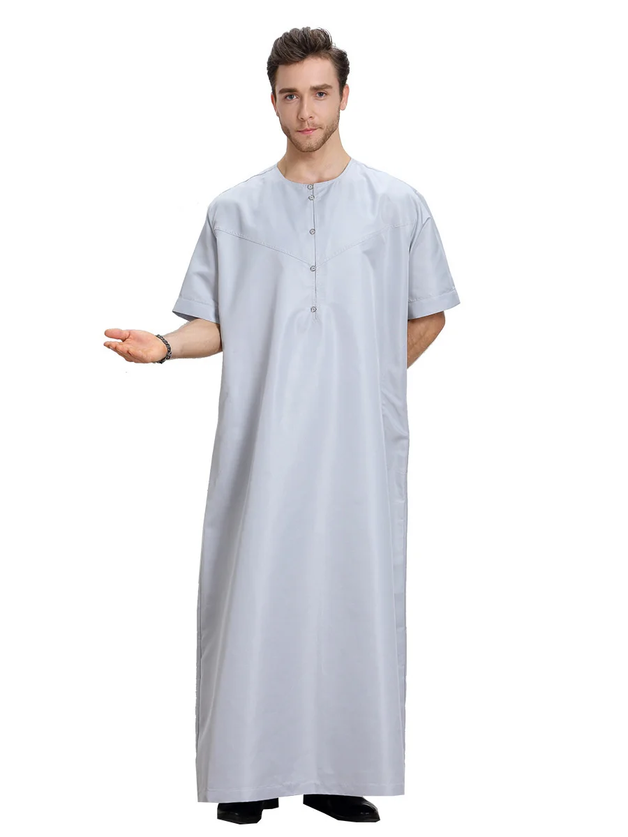 Summer Muslim Moroccan Short Sleeve Islamic Men\'s Round Collar Solid Color Robe Arabic Kaftan Saudi Dubai Clothing Worship Abaya