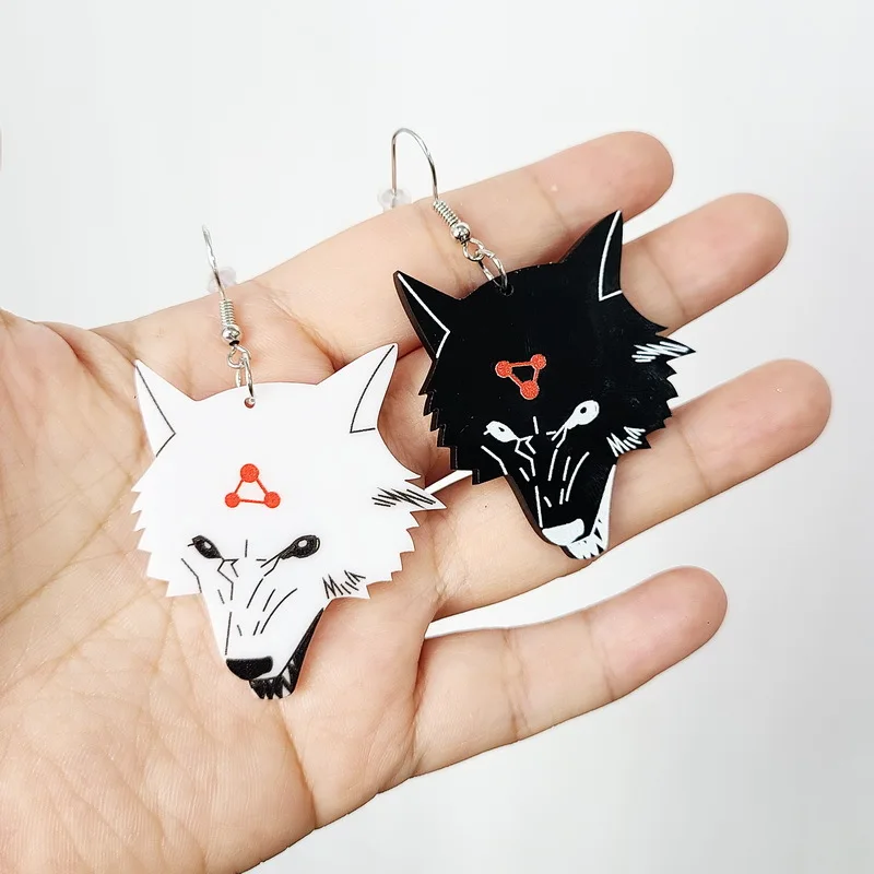 New Anime Black White Wolf Dog Asymmetry Acrylic Earrings for Women Japan Cartoons Fox Aesthetic Drop Earrings Party Jewelry