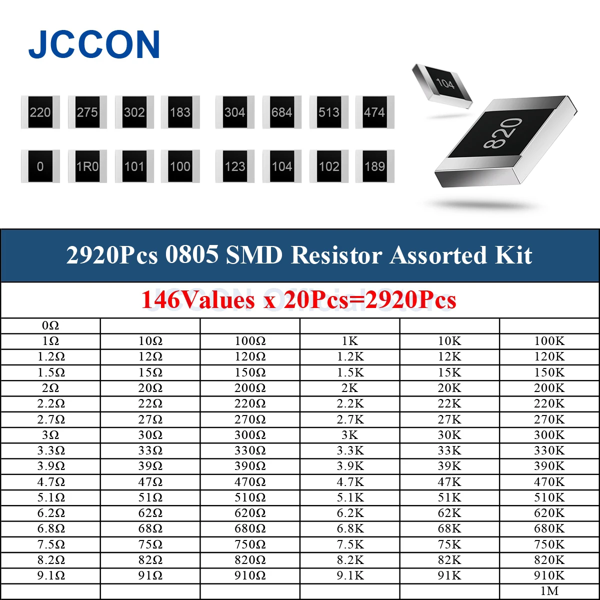 2920Pcs 0805 SMD Resistor Assorted Kit 0 R 1R~1M ohm 146Values x 20Pcs=2920Pcs Sample Kit Chip Fixed Resistor DIY