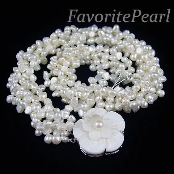 New Arrival Favorite Pearl Necklace Five Rows White Color Baroque Genuine Freshwater Pearl Wedding Necklace Shell Flower Clasp