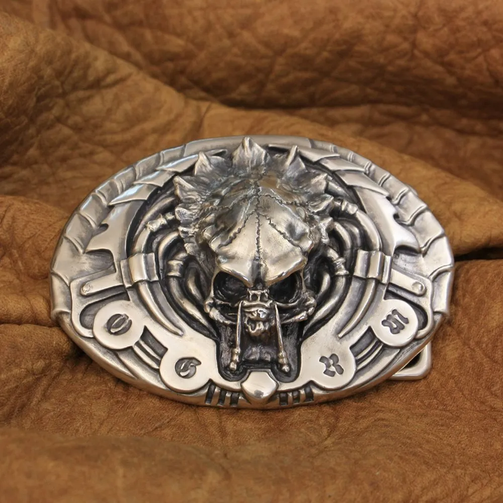 LINSION Handmade 925 Sterling Silver AVP Predator Mens Biker Punk Belt Buckle TA292