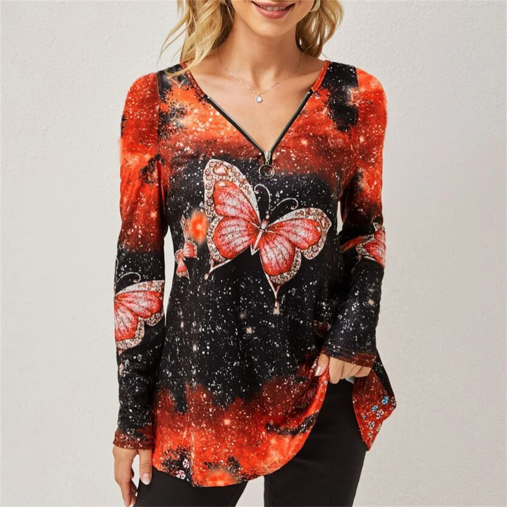 Frauen Tops 2021 Herbst Neue Große Größe T-Shirt Mit V-ausschnitt Zipper Schmetterling Druck Lange Hülse T-Shirt Lässig Pullover Damen tops