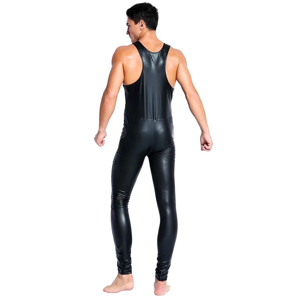 Men Sleeveless Leather Catsuit Bodysuit Black Red Shiny Two Ways Zipper Erotic Bodysuits Zentai Body Wear One Piece Jumpsuit XXL