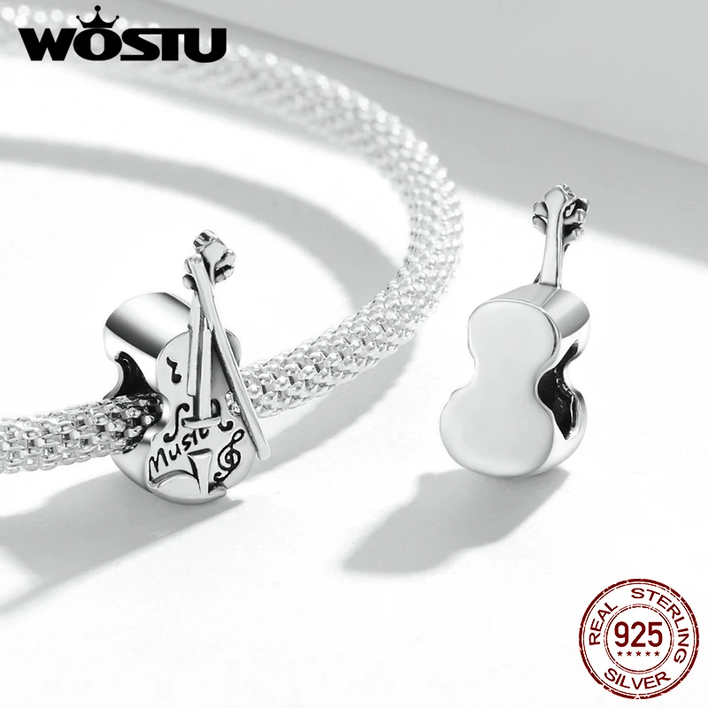 WOSTU 925 Sterling Silver Vintage Bass Violin Music Guitar Charms Beads Pendant Fit Original Bracelet Necklace For Women Jewelry