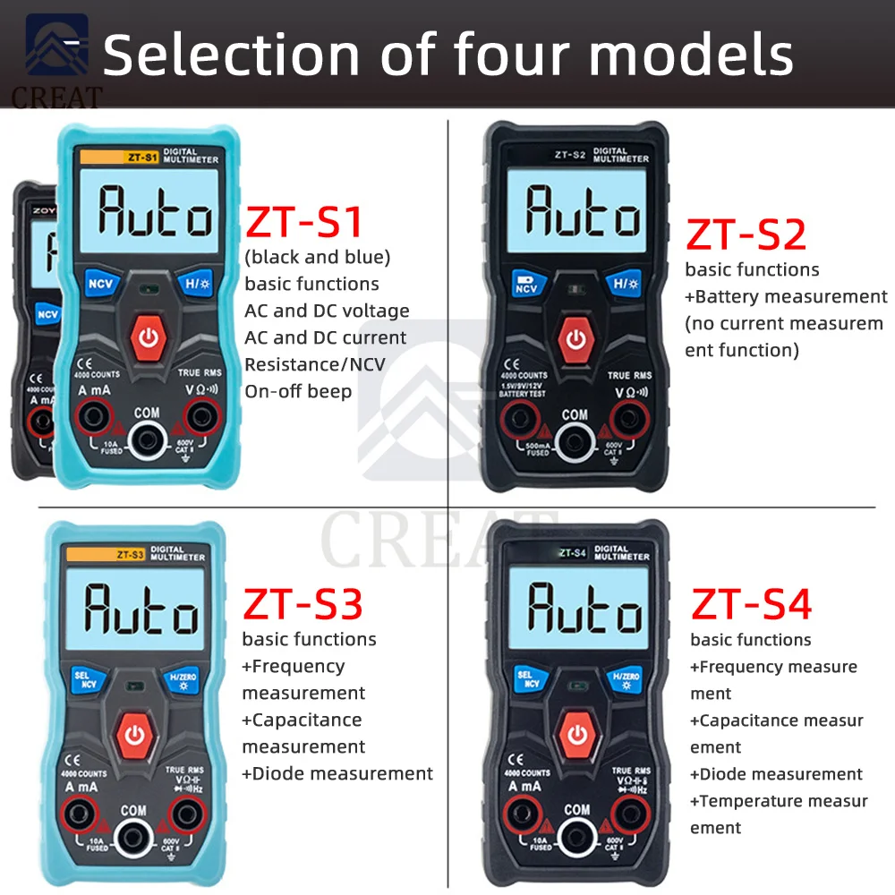 ZT-S1 / ZT-S2 / ZT-S3 / ZT- S4 Smart Digital Multimeter 4000 Counts Profesional Mini Capacitor Tester Ammeter Multimeter