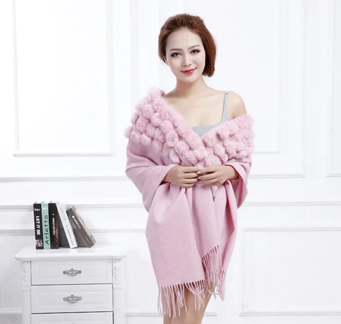 20 Colors Triangle Real Rabbit Fur Ball Shawl Wraps Winter Women Cashmere Tassel Cape Pompon Cloak Lady Mum Gift Casaco Feminino