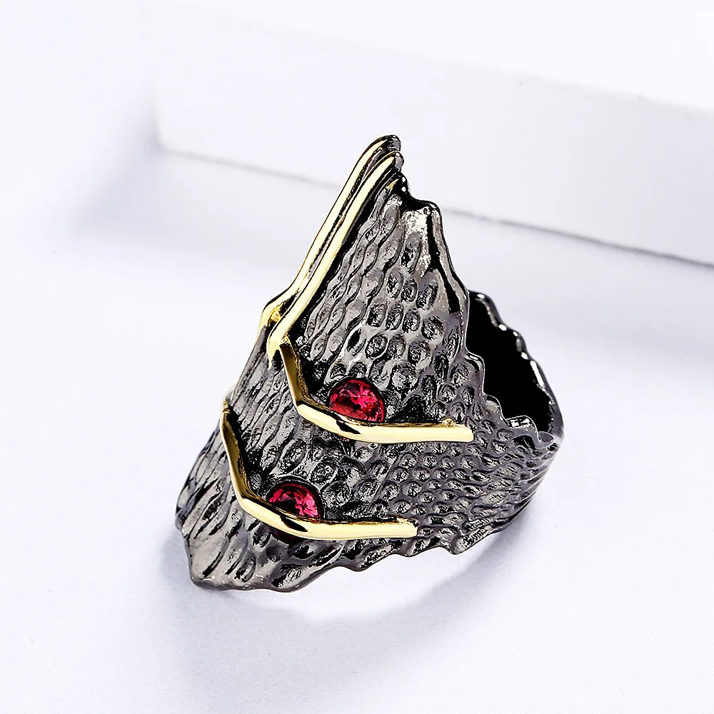 Geometric vintage red zircon interwoven black gold ring 925 silver exquisite vintage ring ladies party cocktail party jewelry