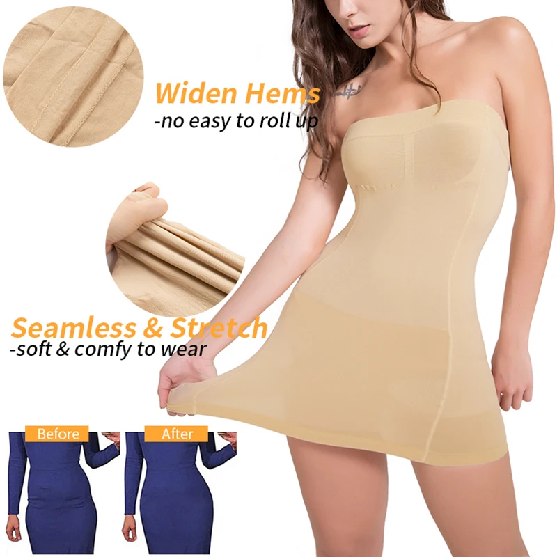 Seamless Slips For Women Off Shoulder Under Dress High Waist Shapewear Dresses Tummy Control Skirt Body Shaping Smoother