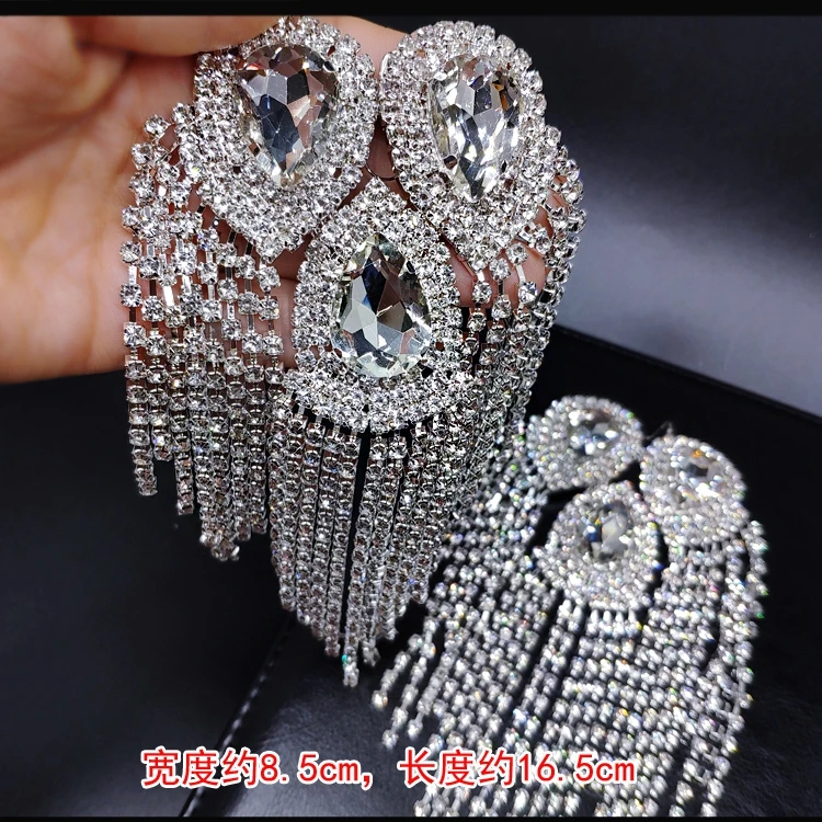 2PCS, Fashion Handmade Shoulder Jewelry Tassel Rhinestones Epaulettes Clothing Accessories Brooch Glass Diamond Epaulet Shoulder