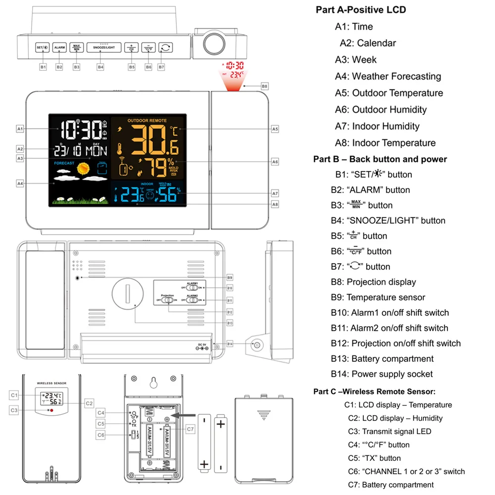 FanJu Weather Station Wireless Sensor Indoor Outdoor Humidity Meter Digital Alarm Projection Clock Thermometer Tool