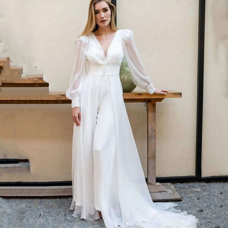 Sexy boho profundo v-neck vestidos de casamento rendas apliques lanterna manga botão até o chão tule noiva robe de mariée feito sob encomenda