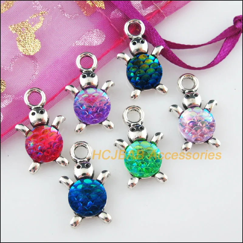 12 New Animal Tortoise Scales Resin Mixed Charms Tibetan Silver Pendants 14x23mm