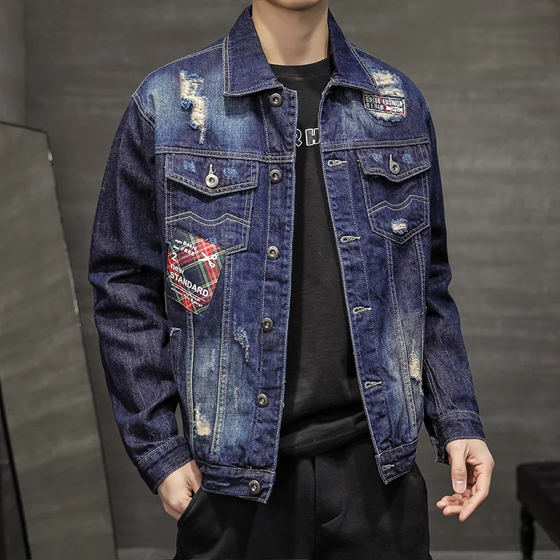 Autumn Men's Casual Harajuku Popular Ripped Printing Lapel Personality Denim Jacket Hip Hop Trend All-match Street Style Fashion