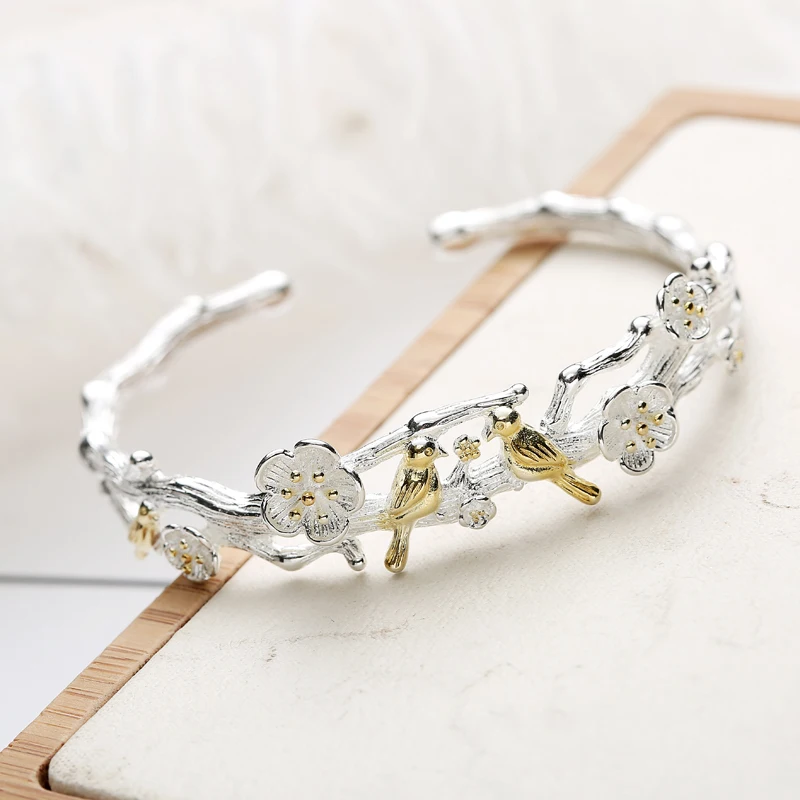 Personality New Art 925 Sterling Silver Jewelry Female Simple Bar Bird branches  High-quality Popular Open Bracelet