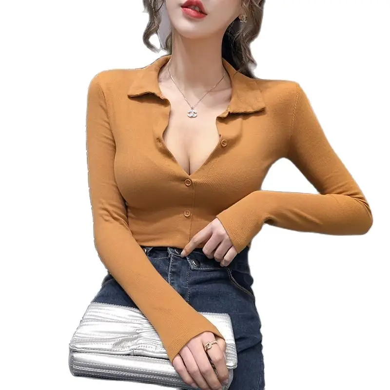 2022 Spring Autum Leisure Sexy Harajuku Women Slim Basic Solid Work Cropped Long Sleeve Button V-Neck Casual Base Female Shirts