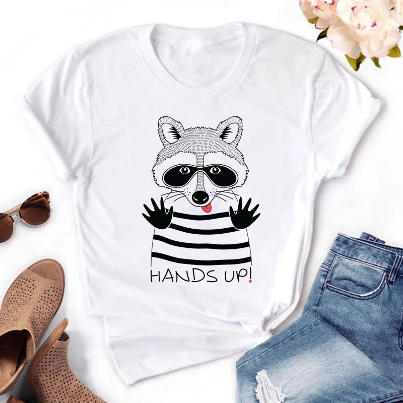 

HANDS UP-Funny Cartoon Fox Print T-Shirt for Women, Plus Size, Short Sleeve, Cute, Summer Casual White Tops, Tee Shirt