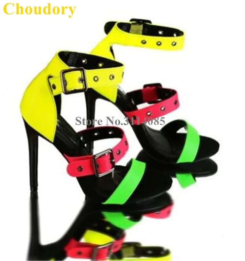 

Choudory Neon Yellow Pink Green Patchwork Sandals Thin High Heels Buckle Strap Dress Shoes Mixed Color High Heel Pumps Wedding