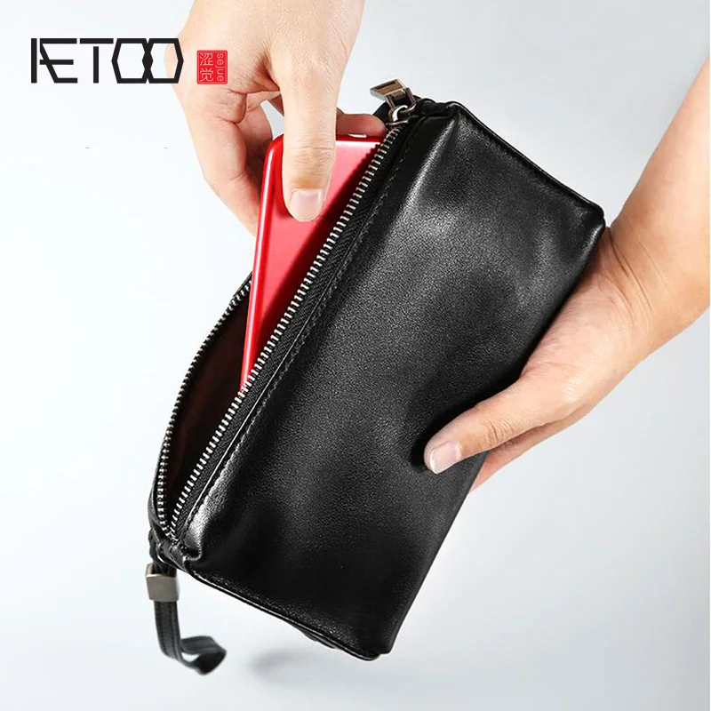 AETOO Leather long zipper wallet handbag grab bag leather casual men\'s leather bag retro hand bag