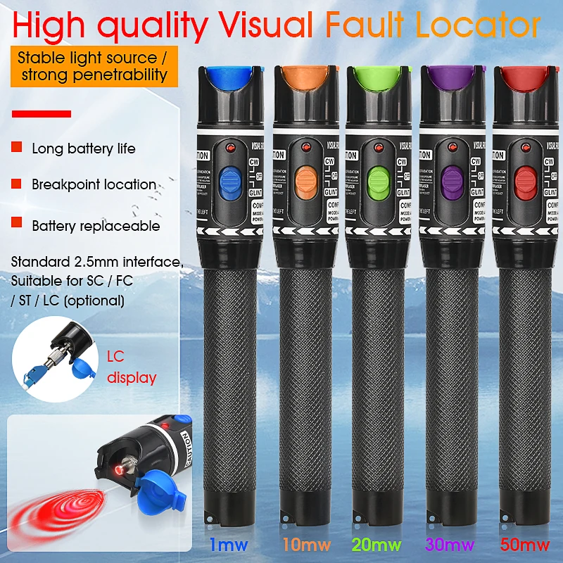 Testador de cabo de fibra óptica, localizador visual falha, VFL, laser, 50MW, 30MW, 10MW, 5MW