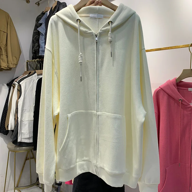 Zip-up Women Korean Style hoodies Vintage Solid Color Long Sleeve Oversized Hooded Sweatshirt Lady Women Casual Coats NS4664