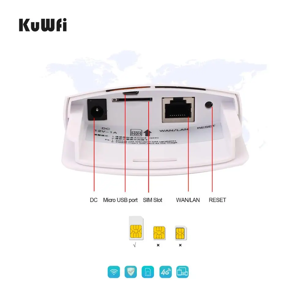 KuWFi-Roteador Sem Fio com Slot Para Cartão Sim, 4G, 300Mbps, LTE, CAT4, Ao Ar Livre, À Prova D\' Água, RJ45, LAN, 2 Antenas para Câmera IP