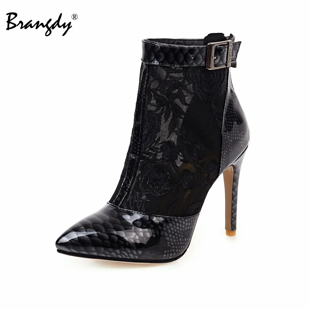 Brangdy Embroidery Women Pumps Sexy Ankle Boots PU Scales Women High Heels Shoes Mesh Pointed Toe Women Thin Heels Shoes Zipper