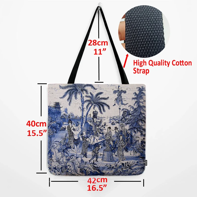 Navy Blue Black White Newspaper Poster Style Toile De Jouy Motif Pattern Vintage Water Resistant Linen Tote Bag Shoulder Bag