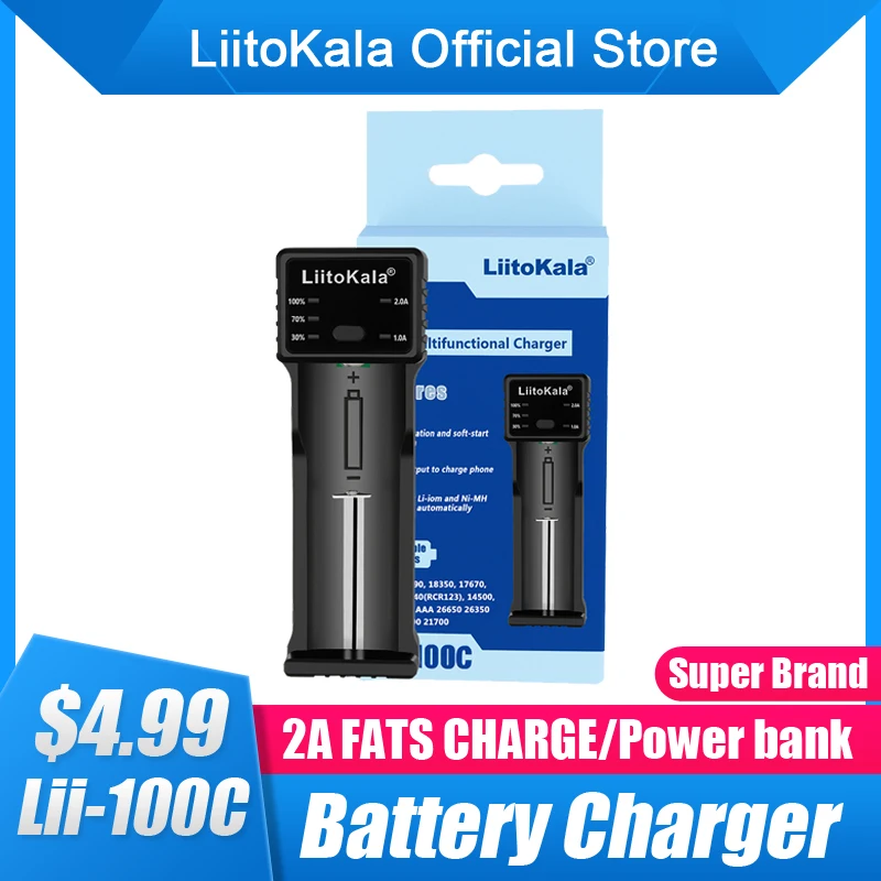 LiitoKala lii-100C 1 فتحة 18650 21700 26650 شاحن بطارية 2A LED الذكية شحن سريع USB قابلة للشحن شاحن بطارية ليثيوم