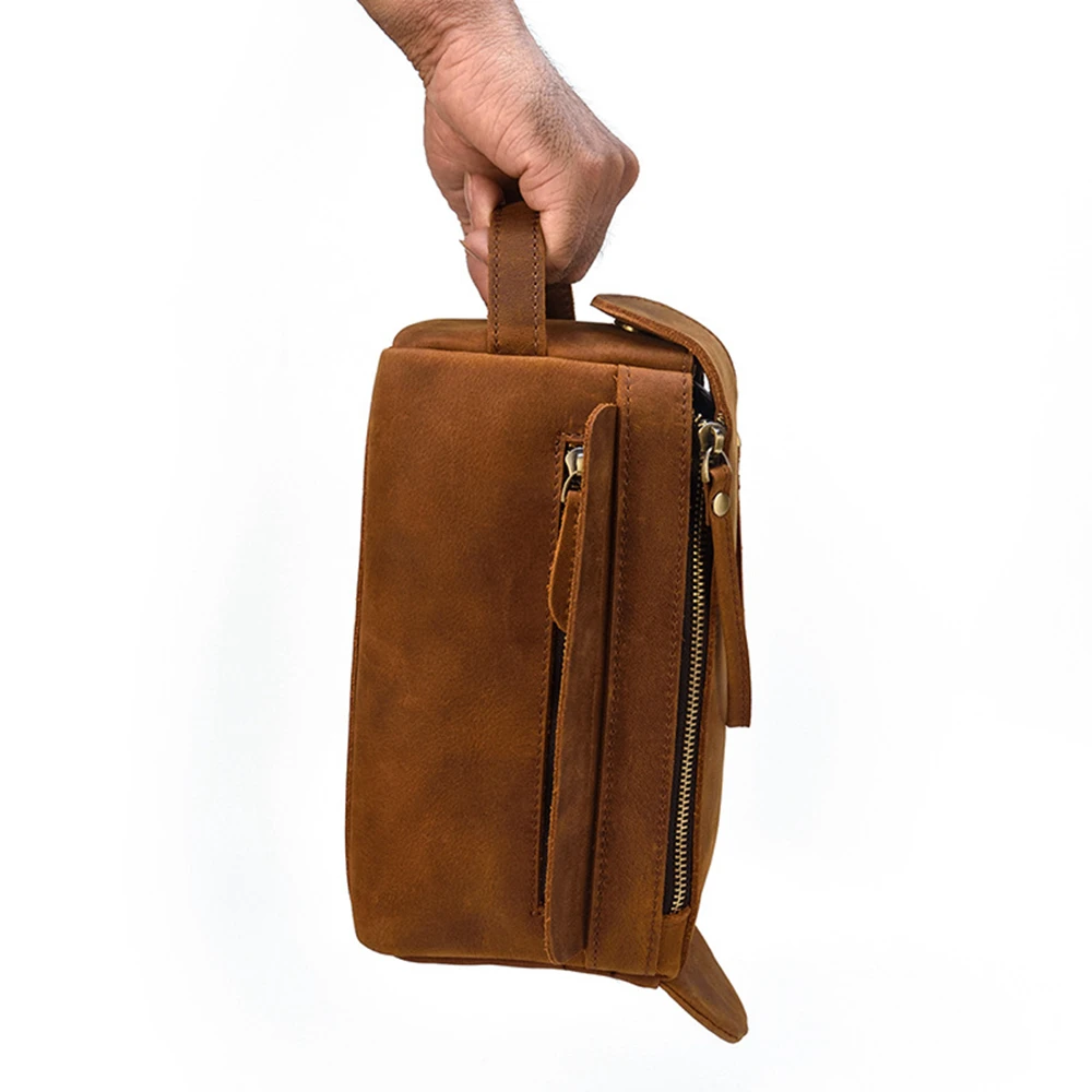 Luufan Genuine Leather Men Wash Bag Travel Cosmetic Case For Men Retro Cow Leather Clutch Bag Handheld Toiletry Storage Bag New