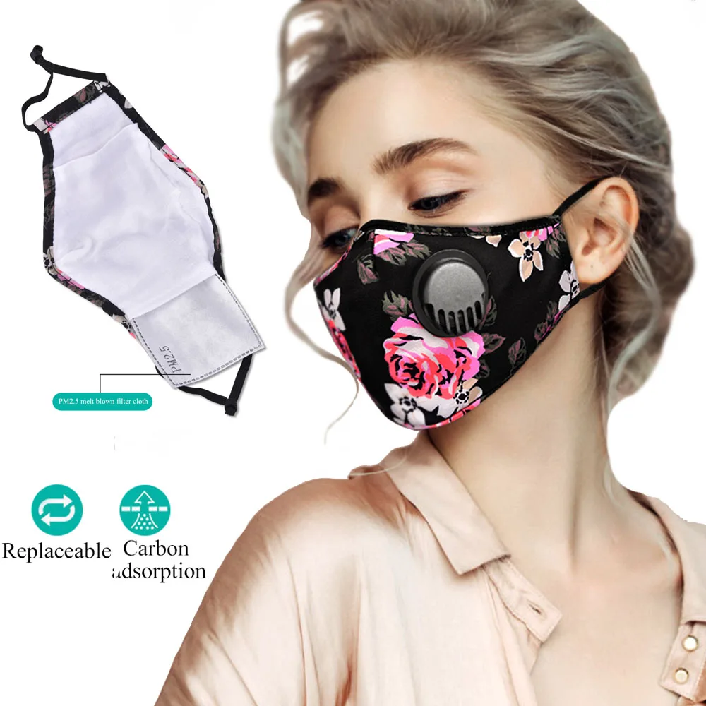 BYEPAIN Woman Fashion Floral Printed Mask 3D Handmade Dustproof Safety Breathing Mouth Cover with Filter Pocket