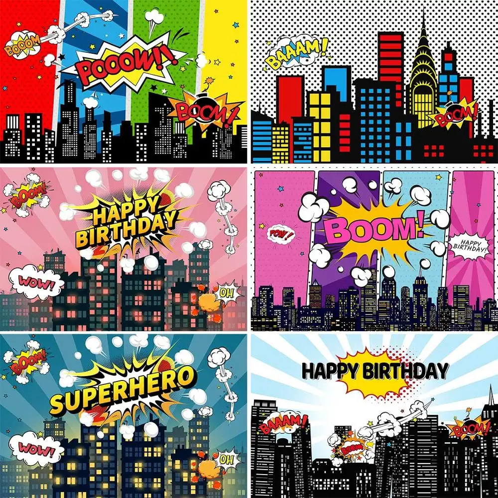 

Custom Superhero Comics City Birthday Party Banner Backgrounds Kid Boy Children Poster Photography Backdrops Photo Studio Props