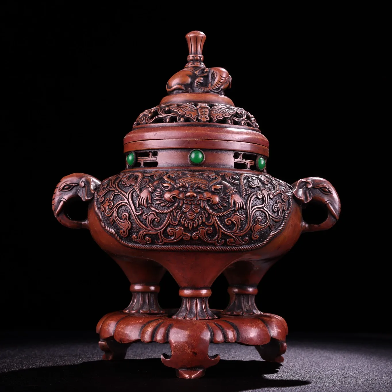 

9"Tibetan Temple Collection Old purple Bronze Mosaic Gem Elephant trunk Binaural Three-legged incense burner Town House Exorcism