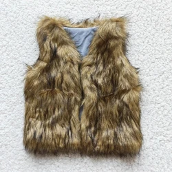 Wholesale Brown Foux Fur Baby Girl Soft Coat Sleeveless Kid Lapel Children Winter Vest Clothes Infant Boutique Toddler Clothing