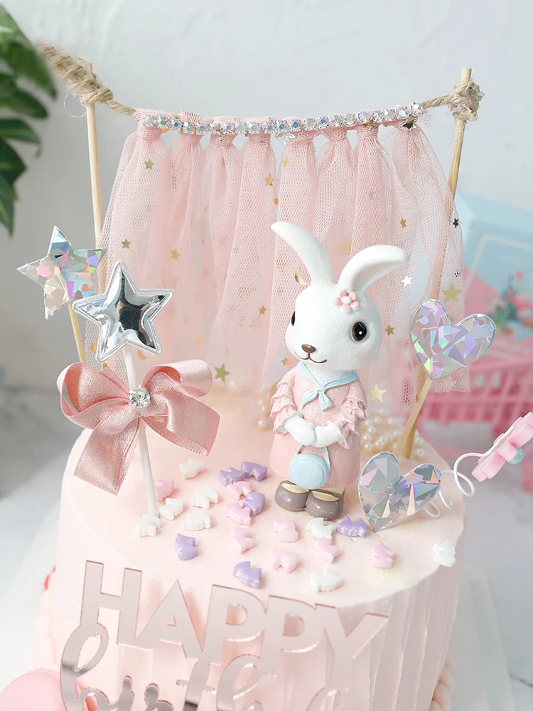 Fairy Pink bule Rabbit Cake Topper for Birthday Party Decorations Hollow Star Dessert Baby Shower Baking Supplies Kid Love Gifts