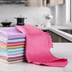 5Pcs Kitchen Microfiber Cleaning Cloth Anti-grease Wiping Rags Efficient Fish Scale Wipe Cloth Home Washing Dish Cleaning Towel