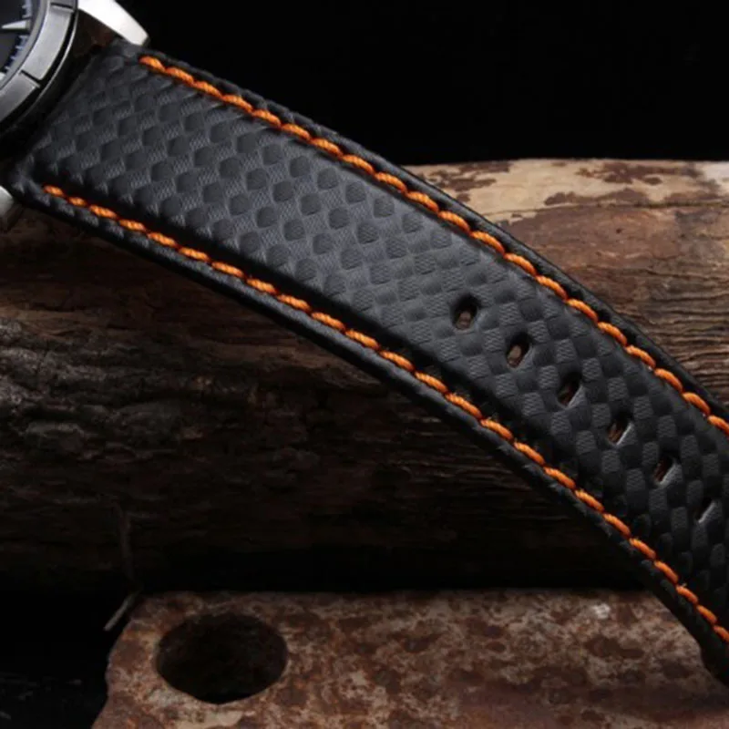 18mm 20mm 22mm 24mm Mens Watch Band Carbon Fibre Watch Strap with Red Stitched + Leather Lining Stainless Steel Clasp watchband