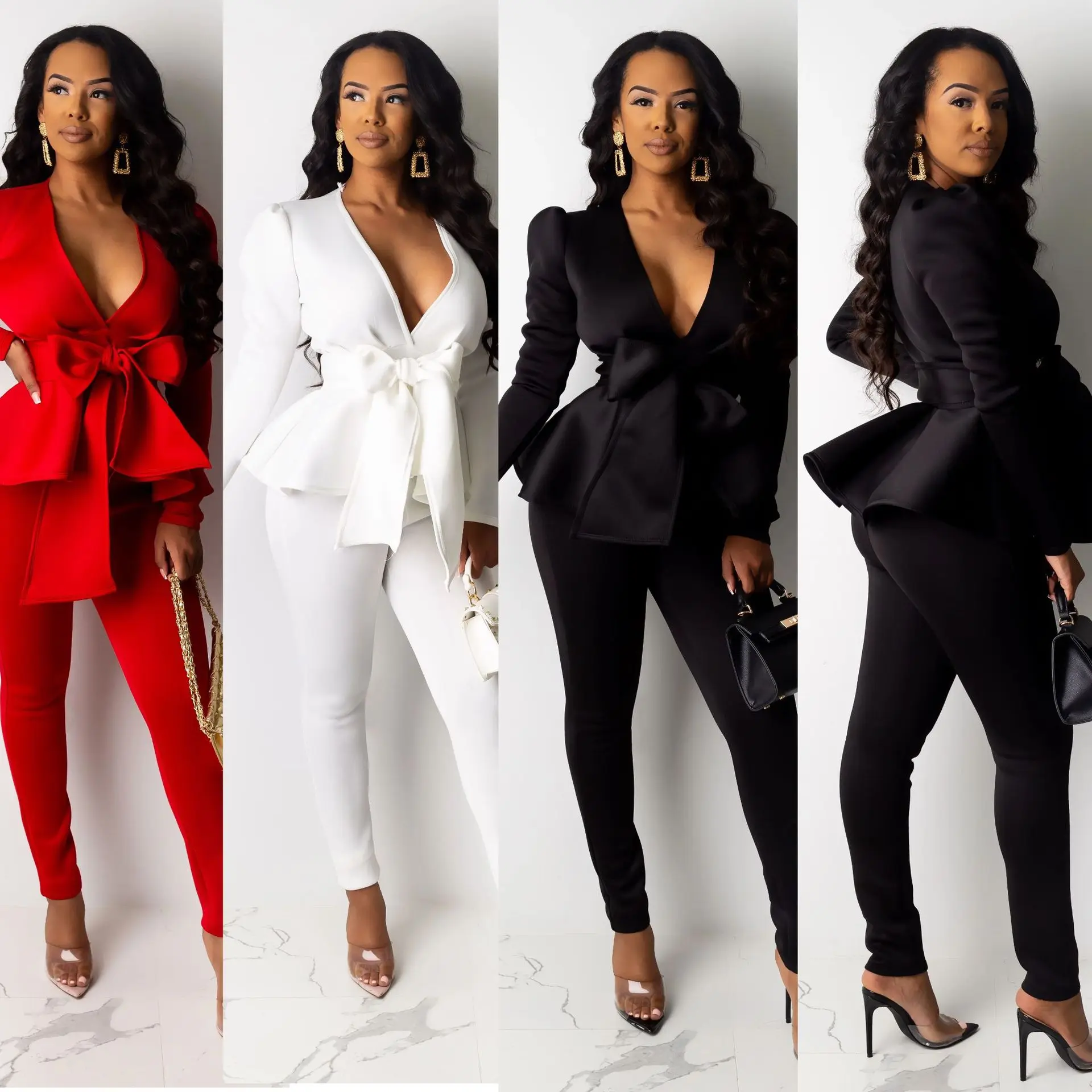 Women Winter Women\'s Set Tracksuit Ruffles Bow Blazers Pants Suit 2 Two Piece Set Office Lady Business Uniform Outfits