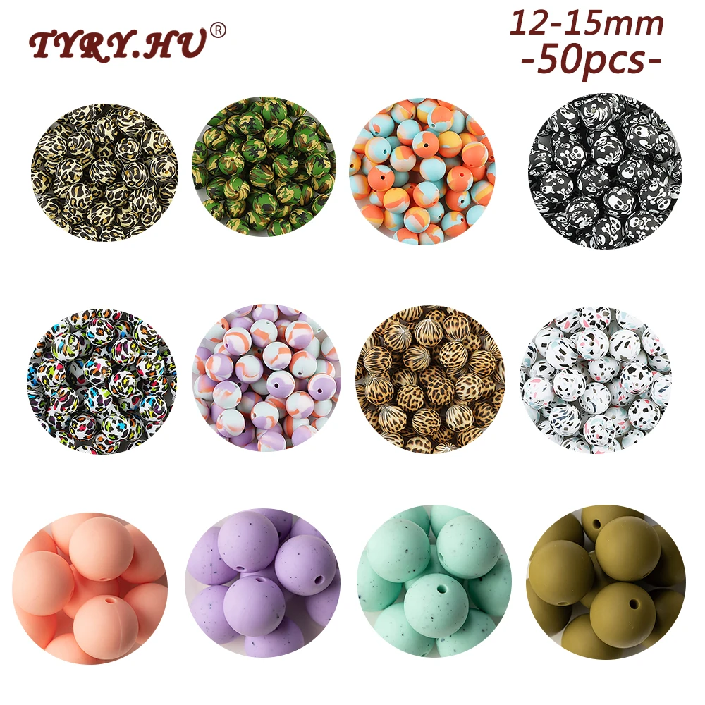 

TYRY.HU 50pcs/lot Food Grade Silicone Beads Terrazzo & Leopard Print Teether Beads Baby Chewable Teething Beads For DIY 12/15mm