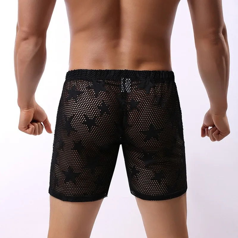 Mens Sleep Bottomsตาข่ายBreathableโปร่งใสชุดนอนสบายๆกางเกงหลวมHomewear Calzoncillos Hombreนักมวยกางเกงขาสั้นสวมใส่