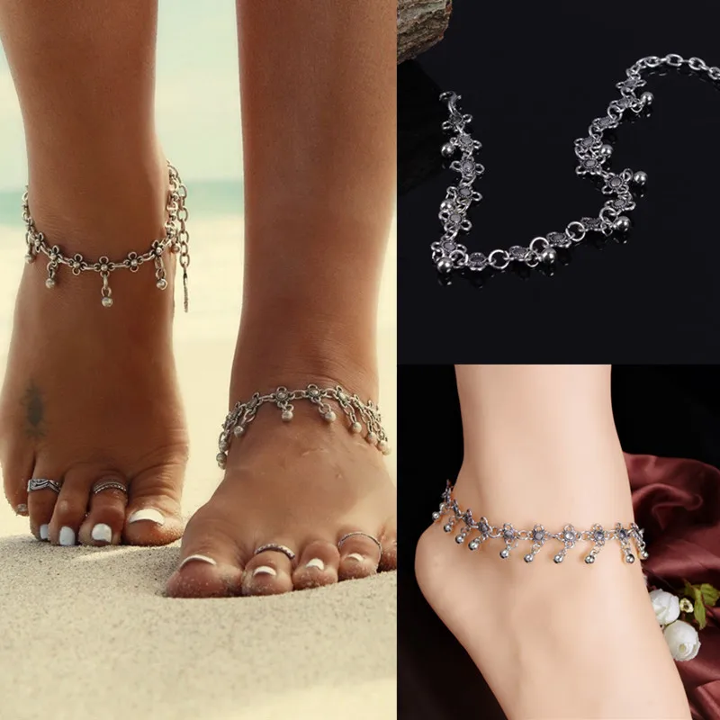 

Summer hot New Fashion Foot jewelry ancient silver color Boho style drop tassel hollow flower anklet gift for Women to beach