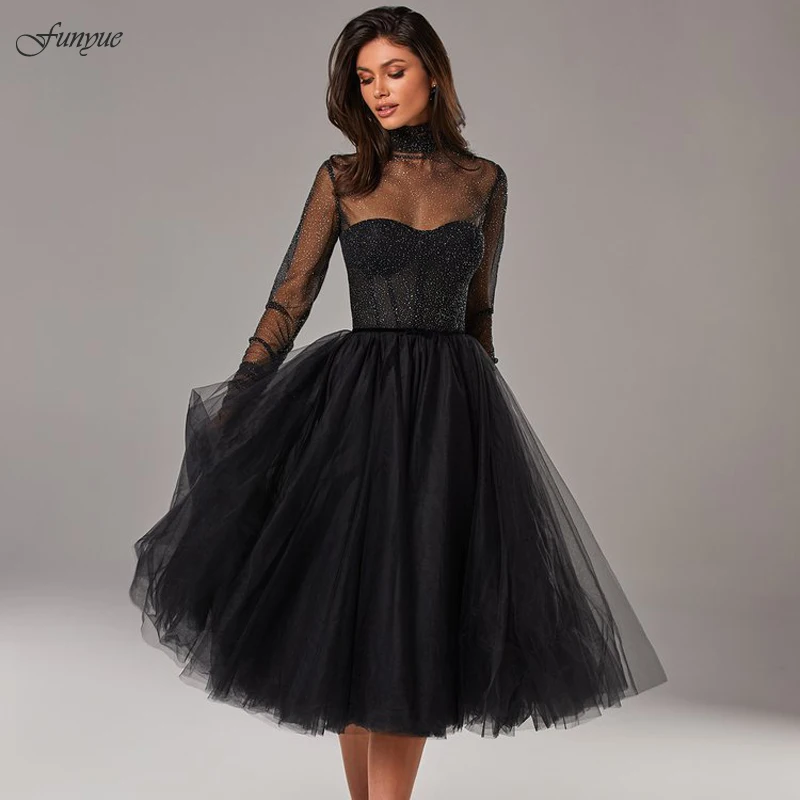 Vestidos para baile de graduación ilusión, Vestidos negros de manga larga de tul, escote de corazón, Fiesta de bienvenida, noche, graduación