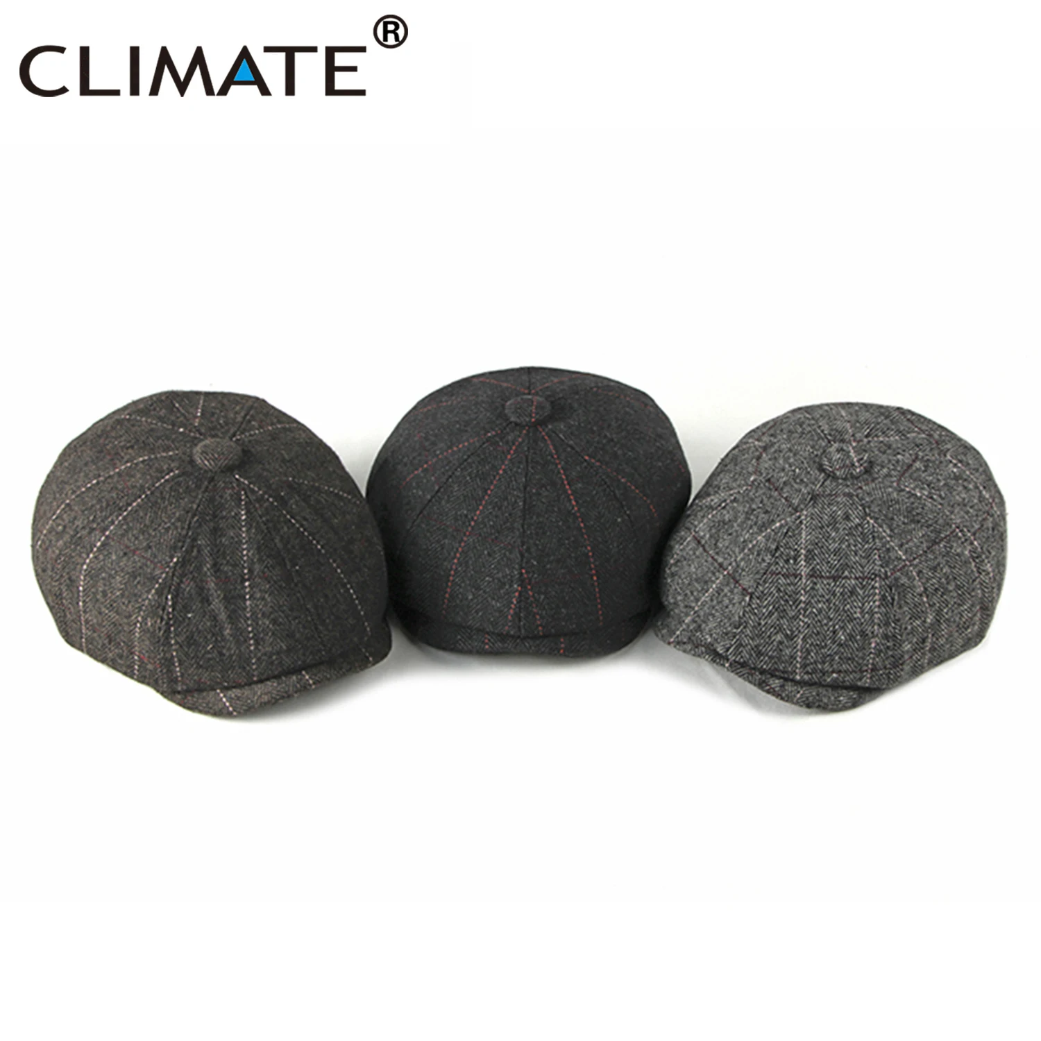 CLIMATE Vintage Men Winter Flat Cap Beret Warm Men Hat Thicken Retro Woolen Plaid Grid Warm Tweed Newsboy Style Cap Hat