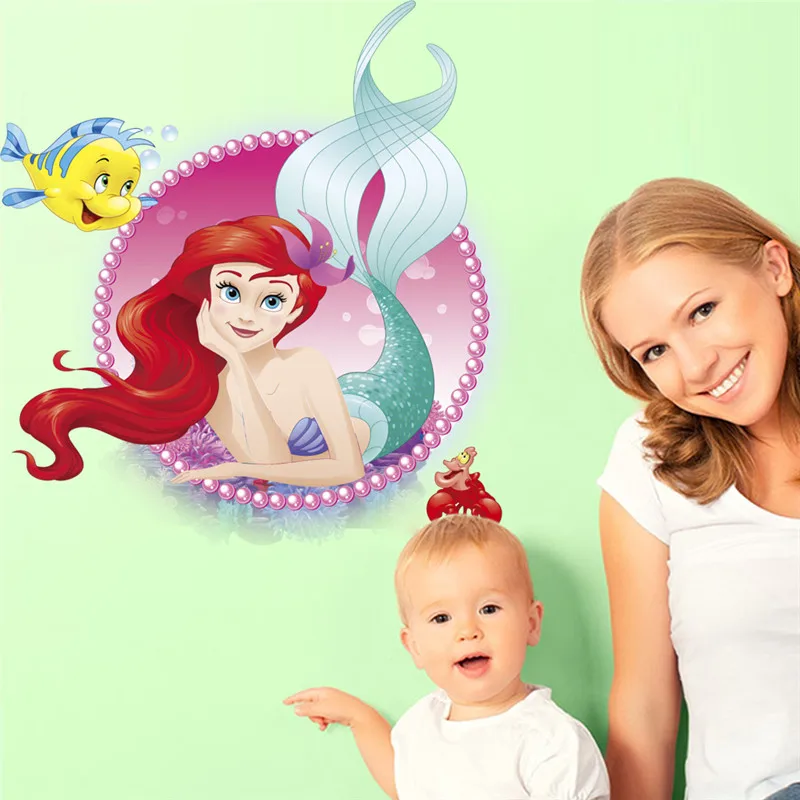 Cartoon Mermaid Ariel Princess With Flounder Froude Wall Stickers For Girls Room Home Bathroom Decoration Art Decals