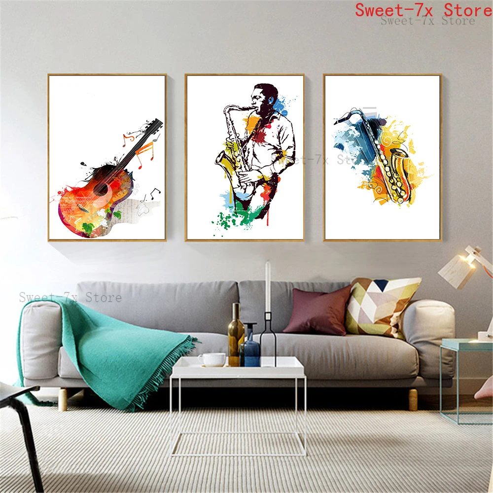 Watercolor Music Saxophone Guitar Canvas Painting Art Nordic Posters and Prints Wall Pictures for Living Room Decor Frameless