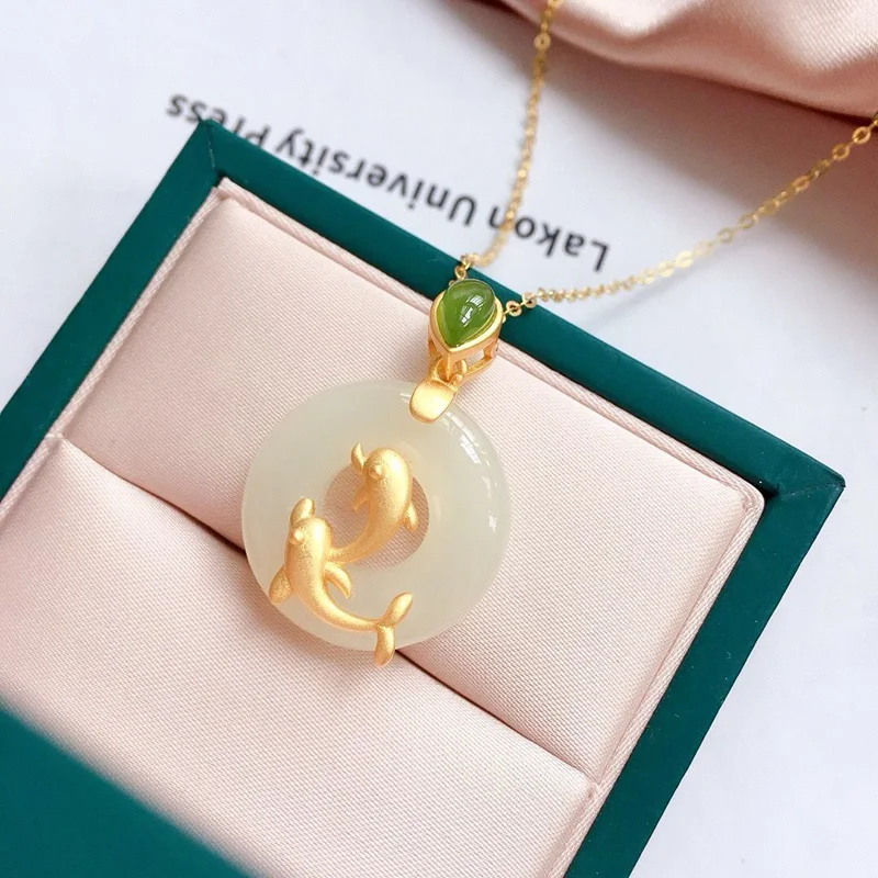 Three-dimensional design inlaid natural Hetian white jade dolphin Pisces pendant necklace Chinese style retro ladies jewelry