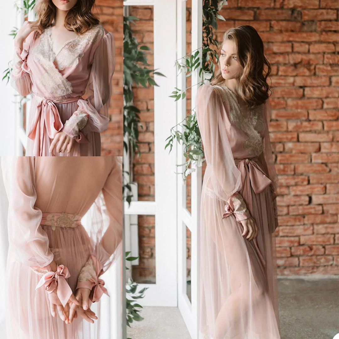 

Illusion Chiffon Bathrope Sexy Lingerie Women's Ladies Bride Robes with Sash Tulle Designer Sleeves Sleepwear