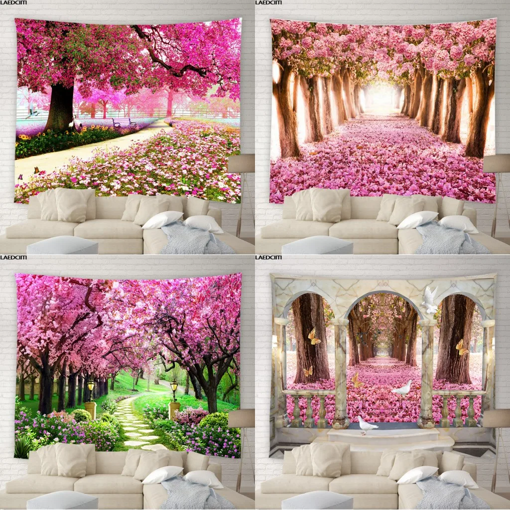 Pink Flower Scenery Tapestry Romance Cherry Blossom Trees Natural Landscape Bohemian Aesthetics Wall Hanging Bedroom Home Decor