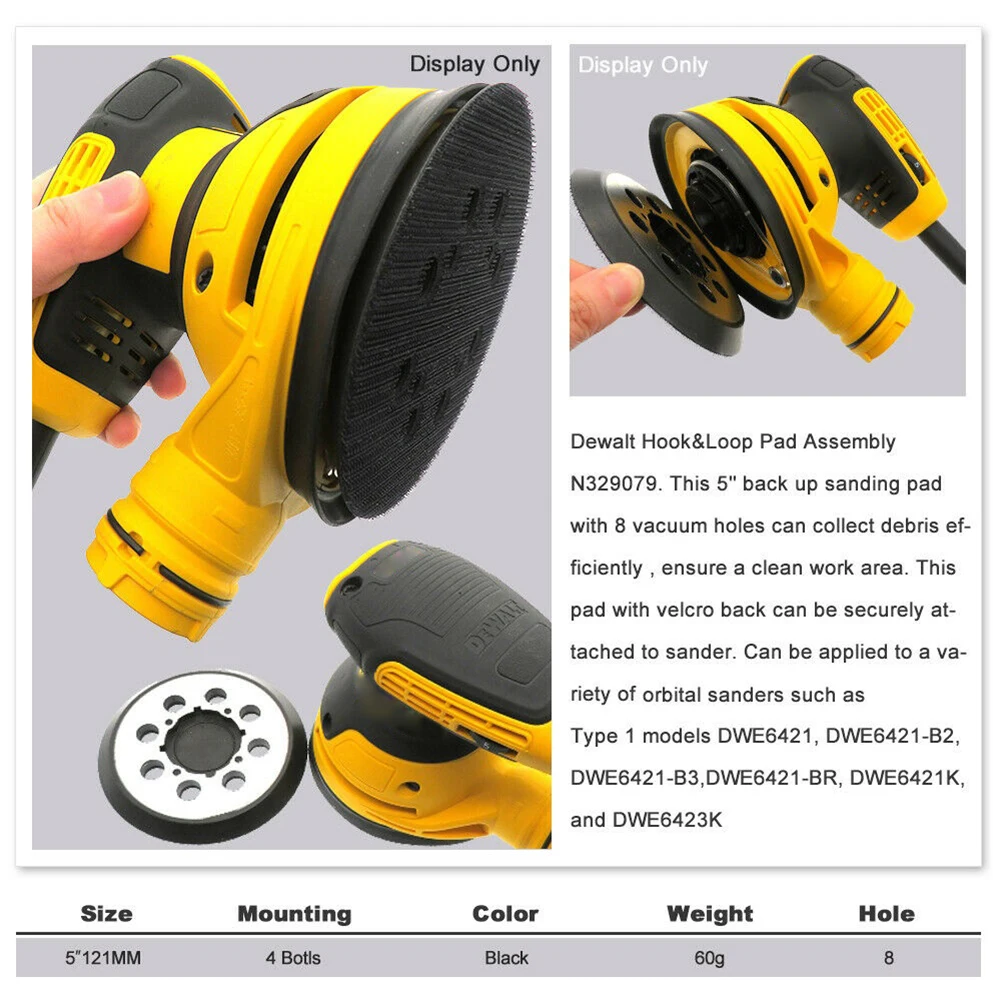 Almohadilla de lijado de respaldo de 5 pulgadas, 125mm, 8 agujeros, conjuntos de bucle para Dewalt tipo 1, 5 ", DWE6421 DWE6421K DWE6423K