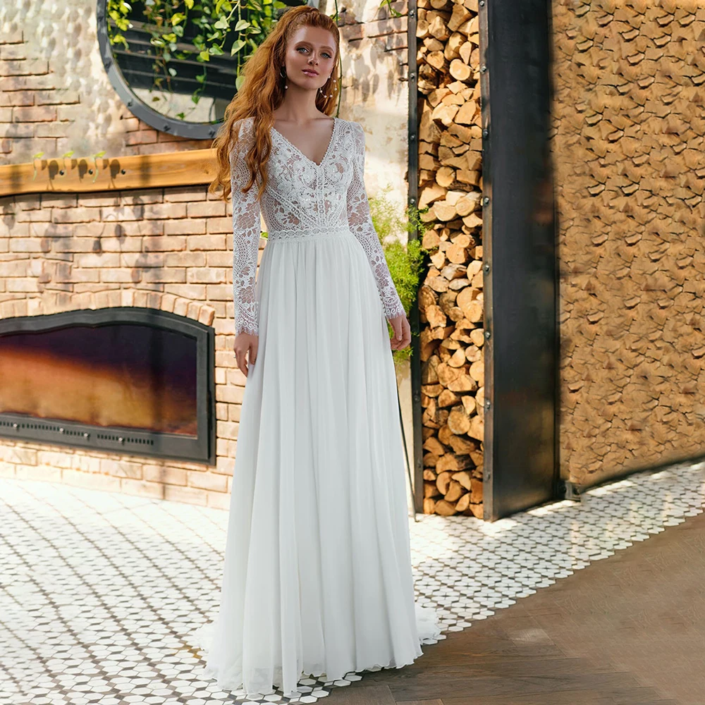 Długie rękawy Boho na zewnątrz suknia ślubna V Neck Sweep pociąg Custom Made przeznaczenia Elopement szyfonu koronki Backless suknie ślubne